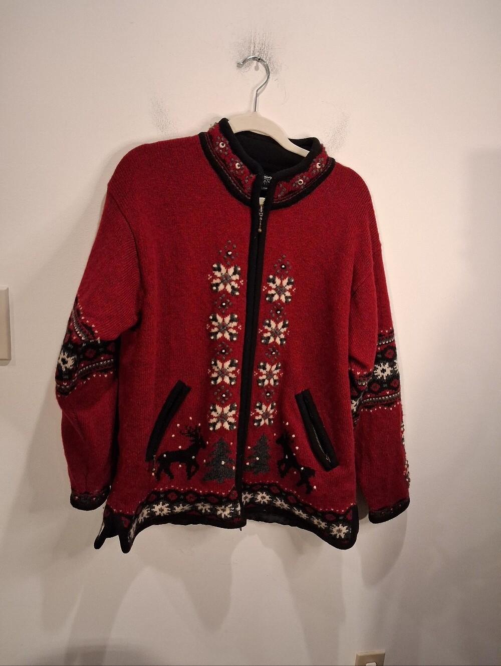 Icelandic Design Size L Boho Wool Snowflake Deer Zip Up Cardigan Sweater